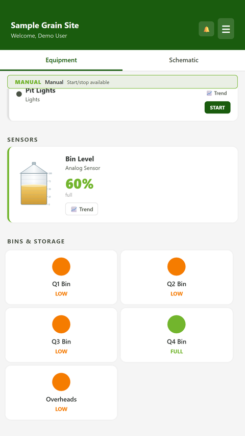 Bin levels and storage status in AgriTech Control