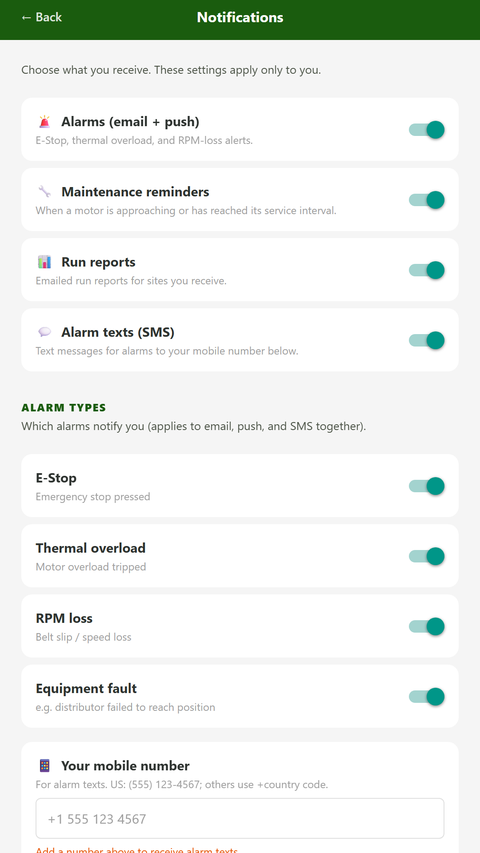 Alarm notification settings in AgriTech Control